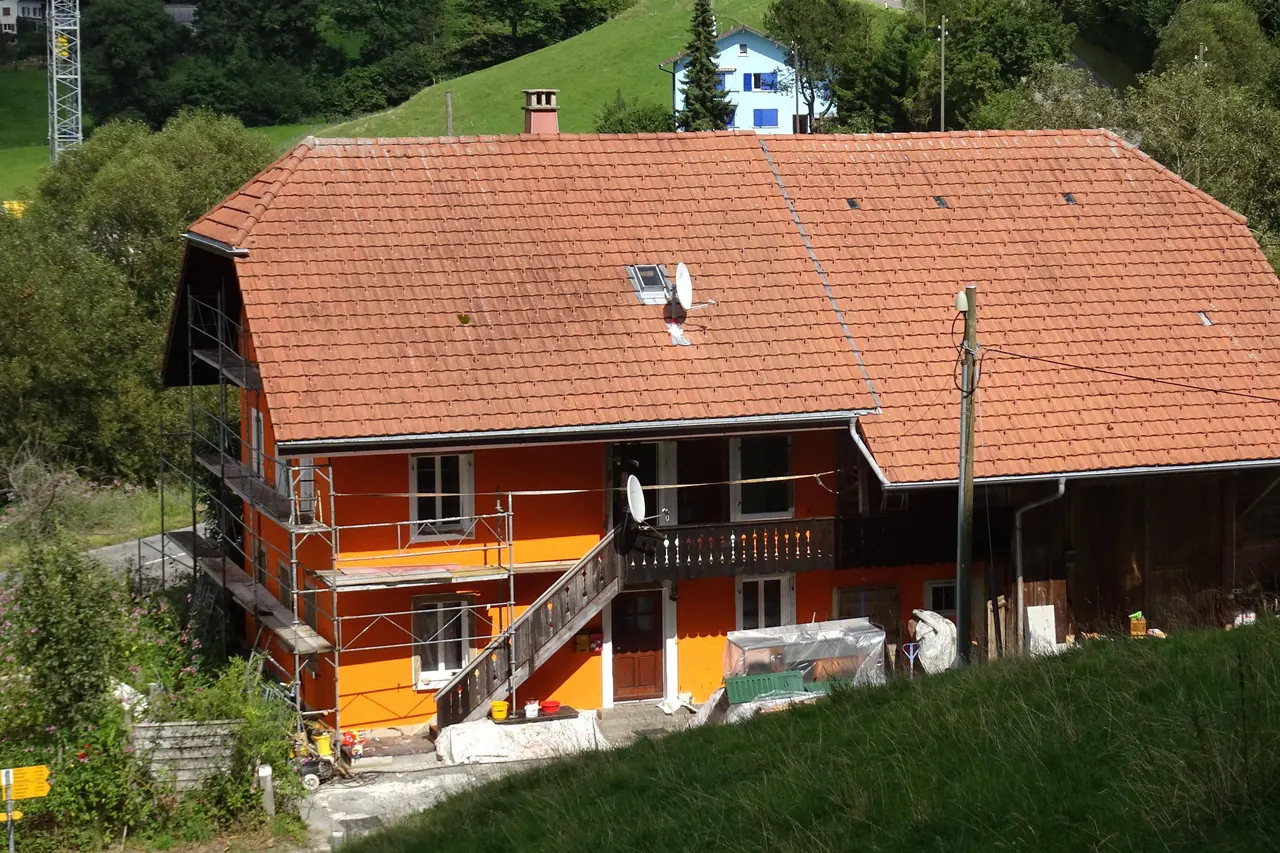 Chalet suisse en bois avec une grande toiture en tuiles rouges, dans un pré