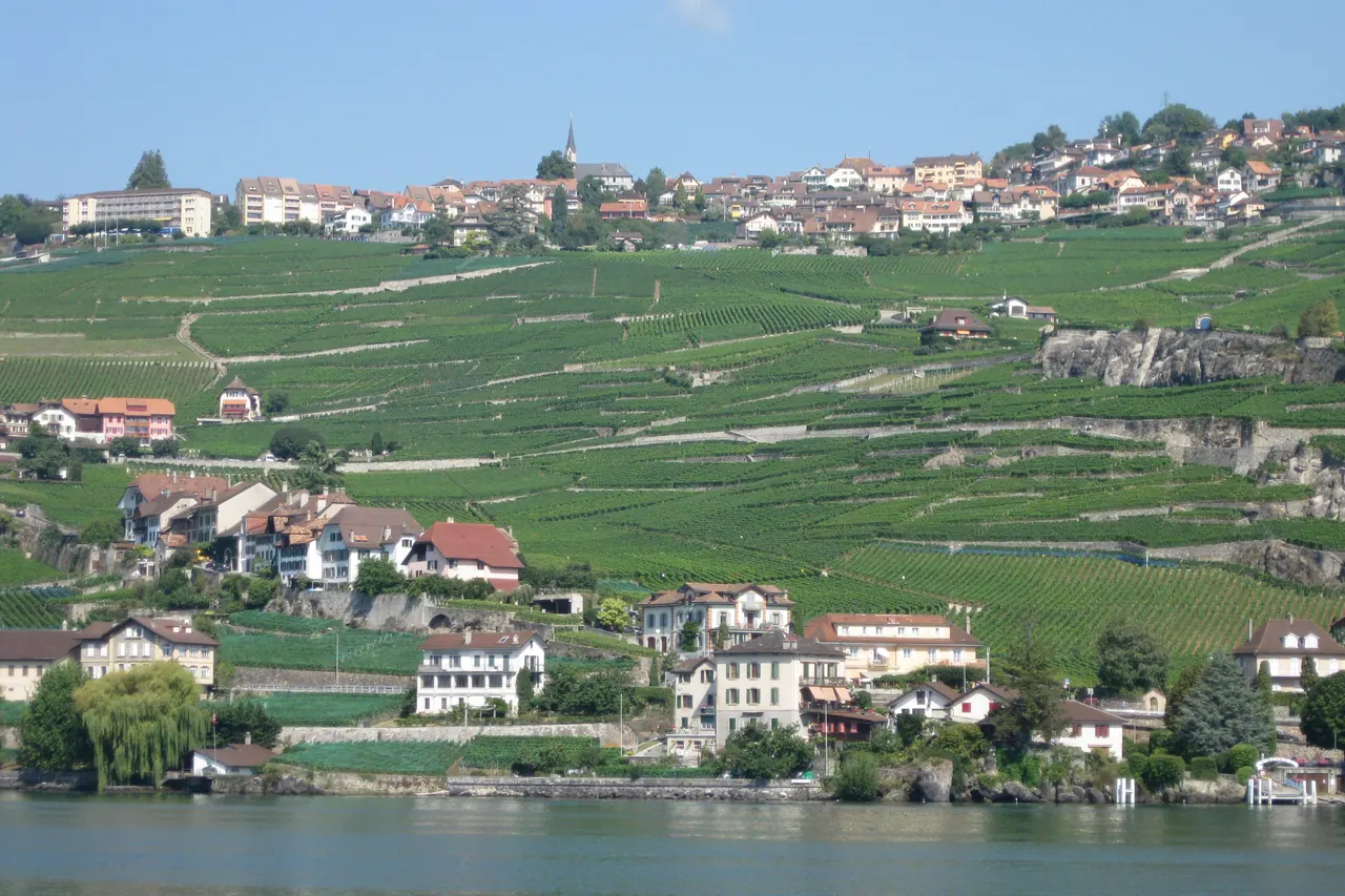 Maisons de Chexbres échelonnées sur le coteau viticole, au-dessus du Léman