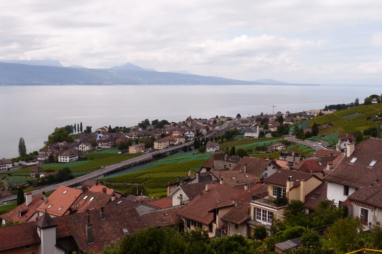 Les toits du village de Riex au premier plan, Cully et le lac en arrière-plan